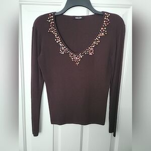 Dolce Cabo Ribbed Stretch Brown Nylon Bead Embellished V Neck LS Top Sz Small